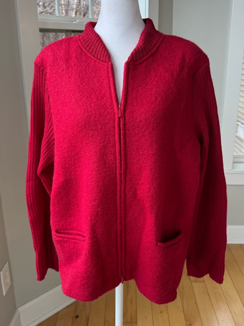 Vintage Christopher & Banks Red Boiled Wool Zip-Front Cardigan Sweater Jacket XL